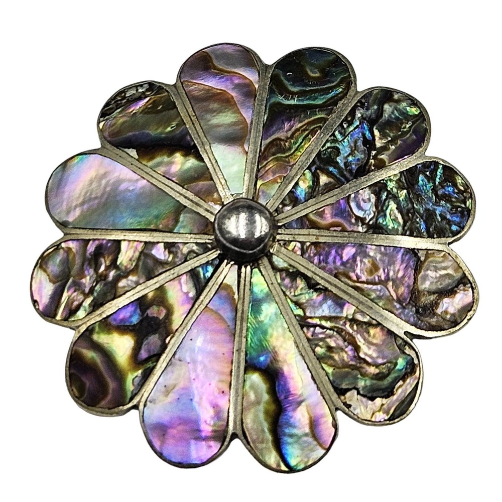 Estate Vintage Mexico Silver Abalone Shell Flower Brooch Pendant Signed AB